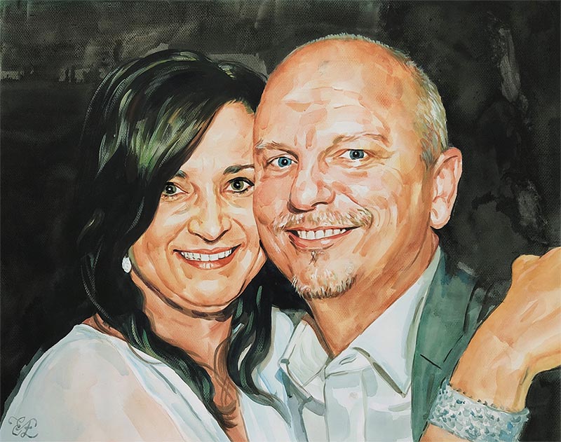 water color painting of man and woman with multicolored eyes