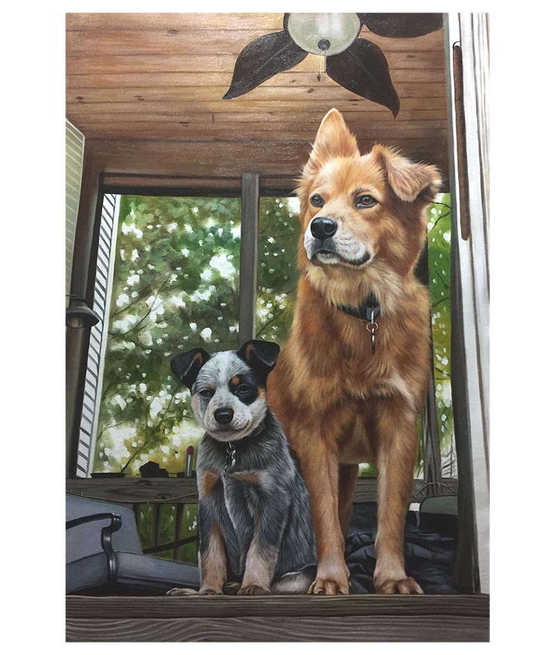 Painting of two dogs on a porch