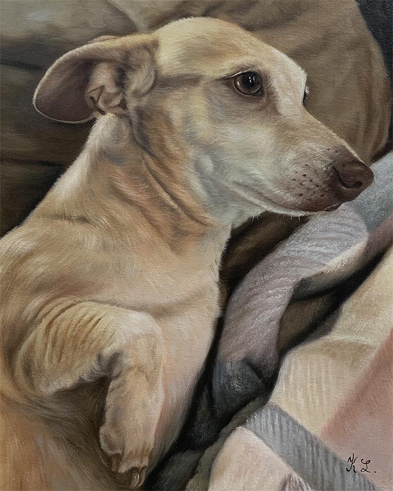 Painting of a light tan dachshund resting on a blanket