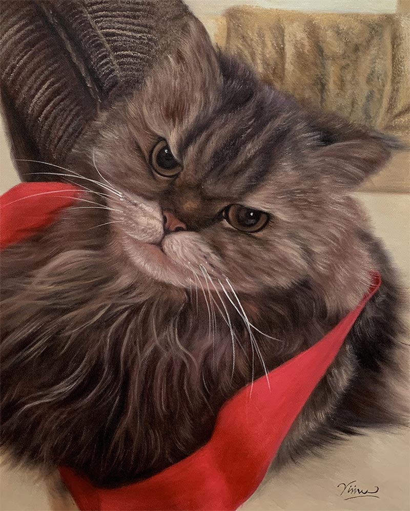 an oil painting of a long haired angry cat 