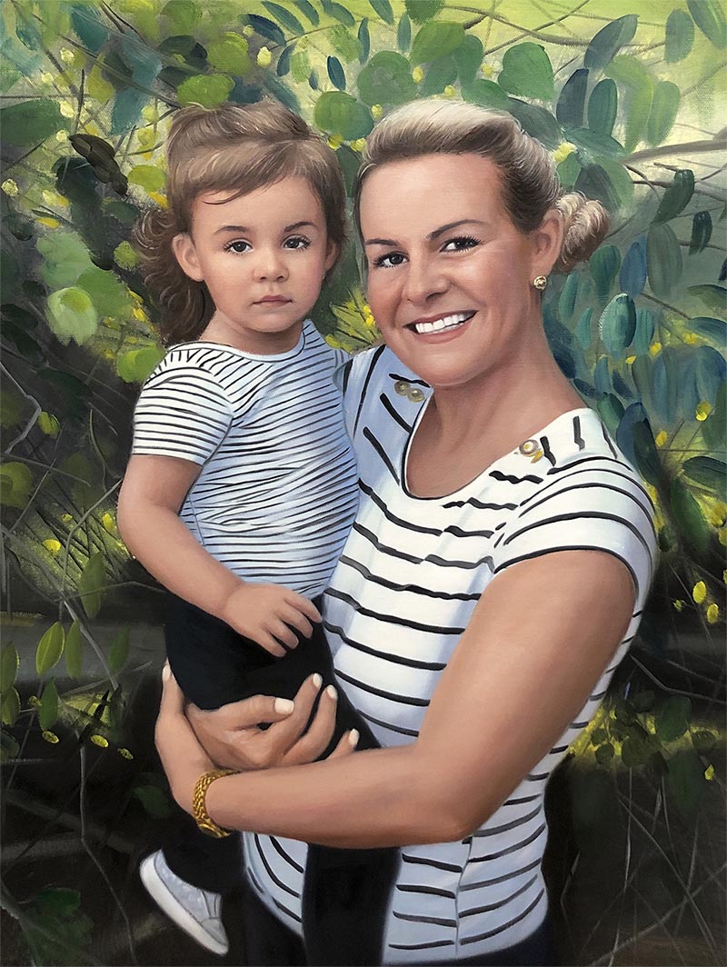 a custom oil painting of mother holding a child