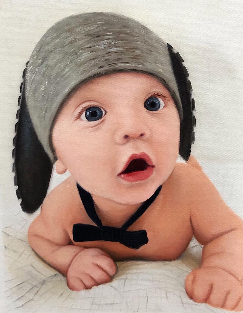 an oil painting of a child wearing a goofy hat