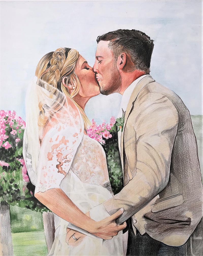 custom colored pencil drawing of bride and grooms first kiss