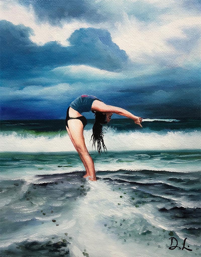a custom oil painting of a woman doing yoga on a beach