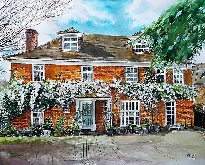 custom watercolor painting of brick house with white flowers
