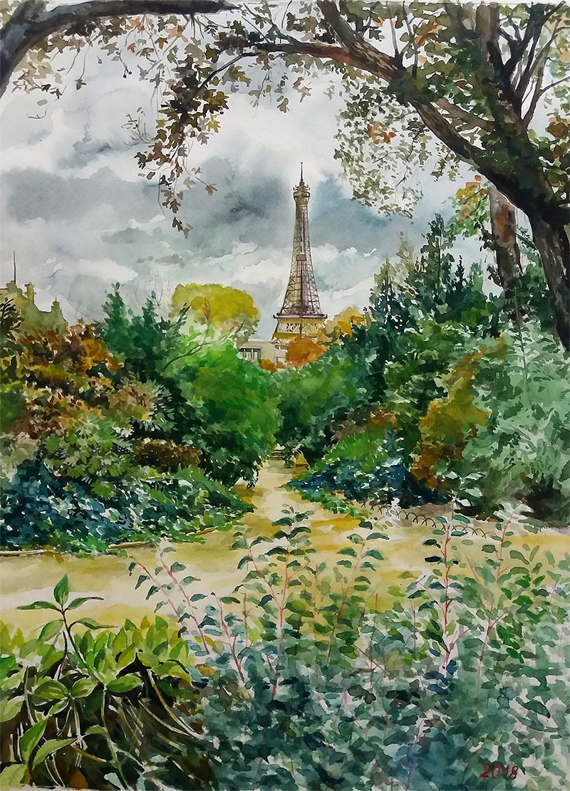 custom watercolor painting of the Eiffel Tower in winter