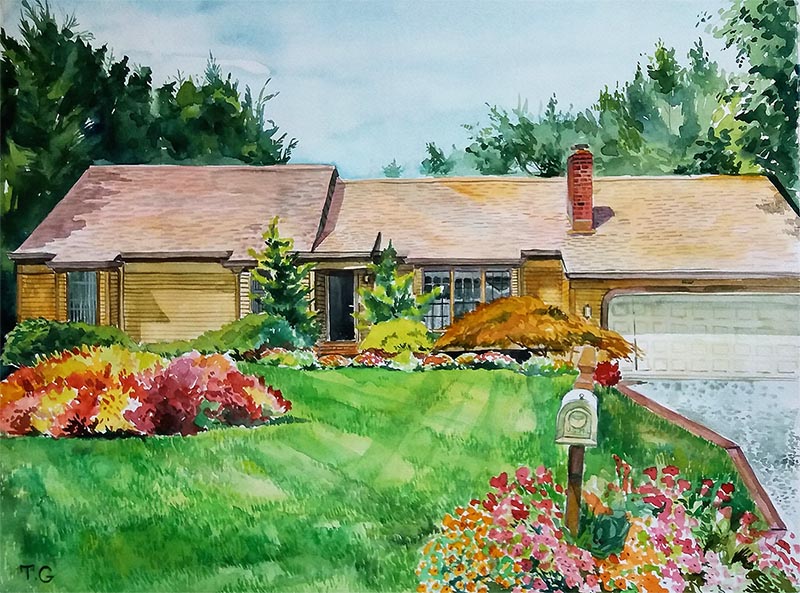 custom watercolor painting of a house with mailbox