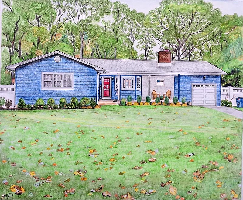 custom colored pencil drawing of a blue house with red door