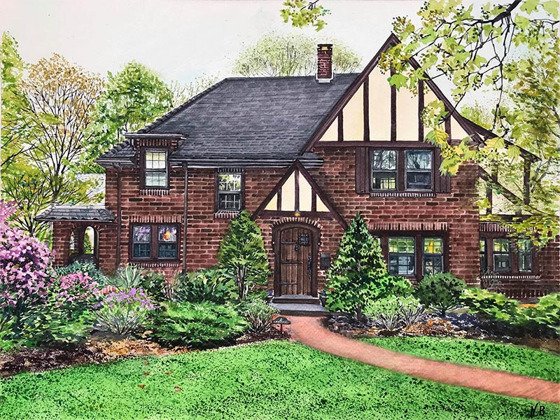 custom watercolor painting of brick house with purple flower