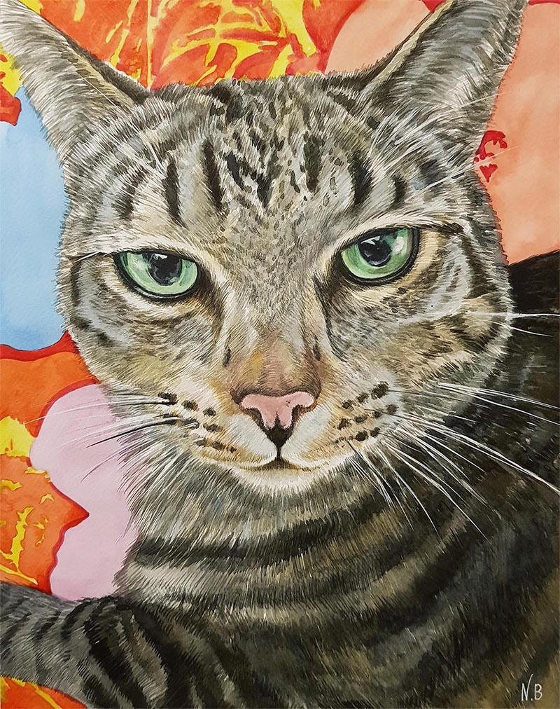 custom watercolor painting of grey cat with green eyes