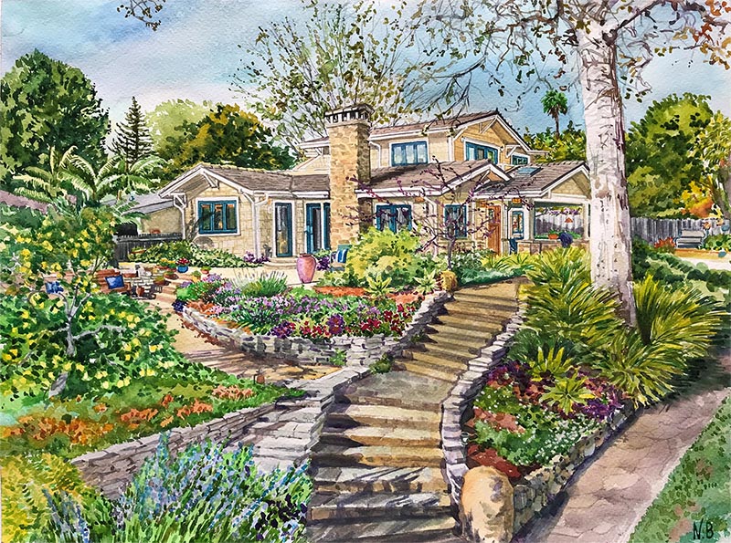 watercolor painting of huge front yard surrounding house