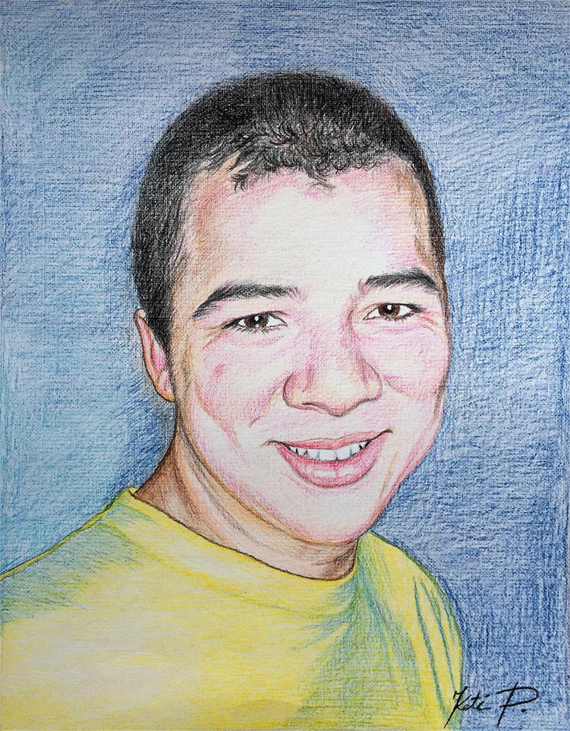 custom colored pencil portrait of man with a yellow shirt