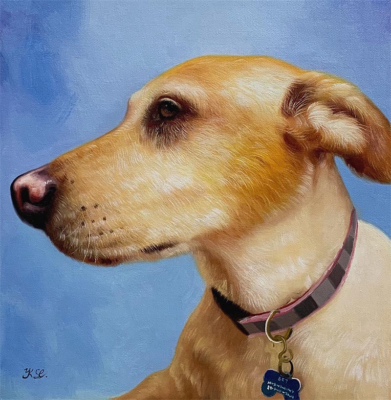 Painting of a light-yellow dog wearing a collar with tags.