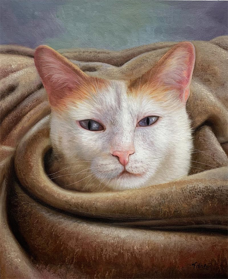an oil painting of a white and orange cat with blue eyes