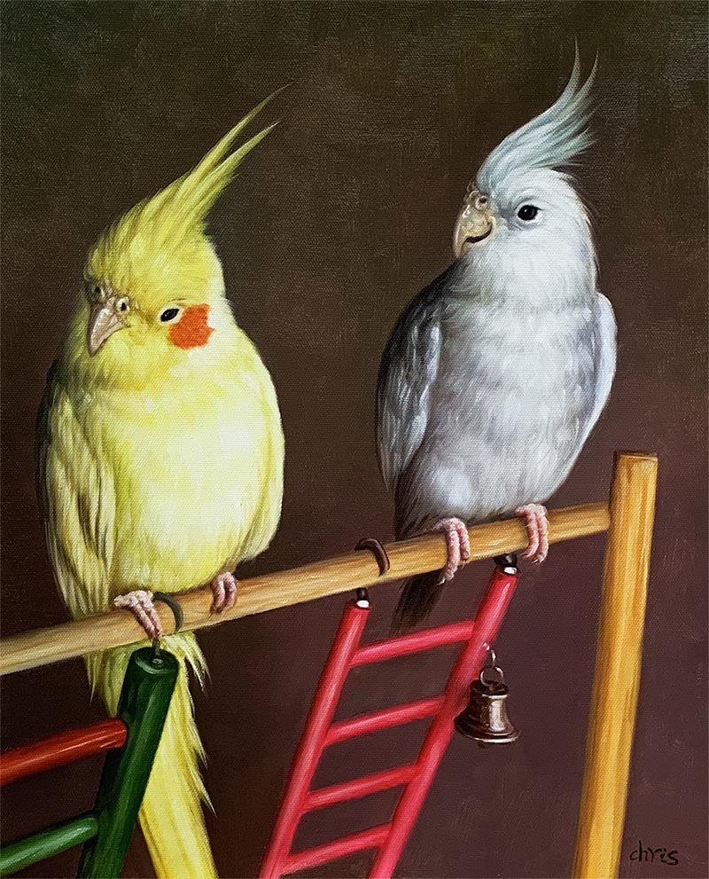 Beautiful handmade oil painting of two birds