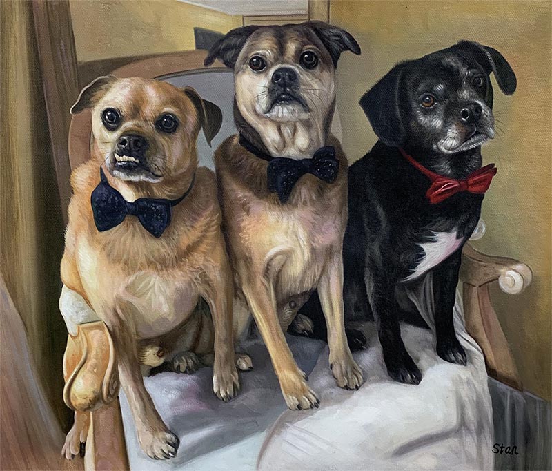 handmade oil painting of dogs on a char