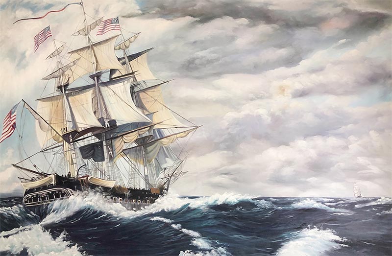 Custom oil handmade painting of a ship in a wavy sea
