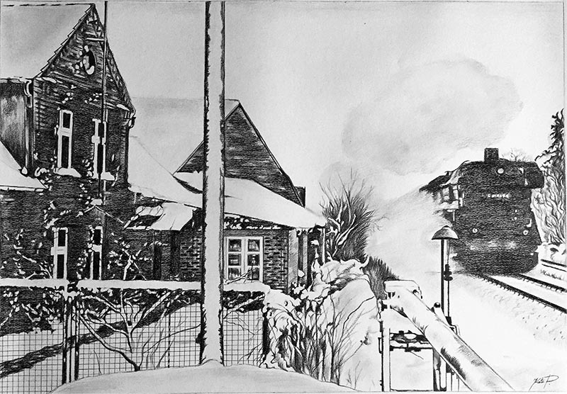 custom pencil drawing of a house with a train