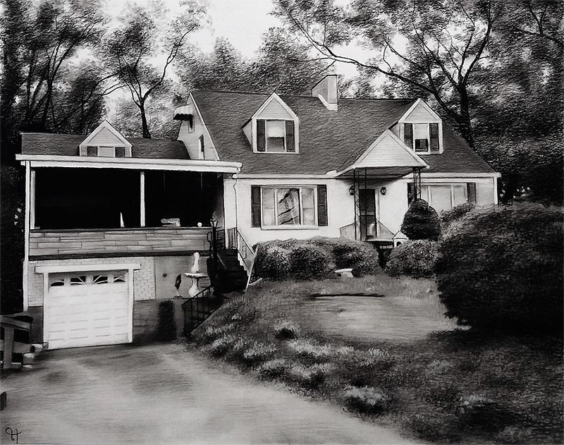 custom charcoal drawing of a house