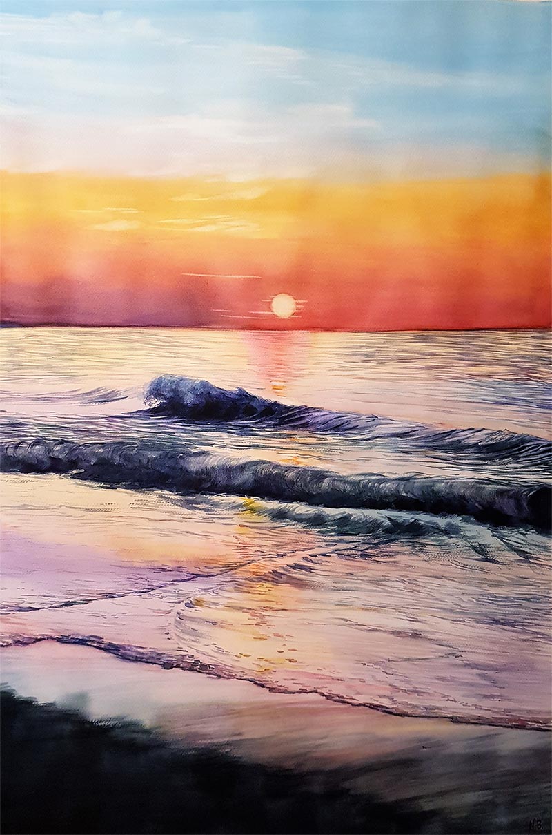 custom watercolor painting of the sunset at the beach