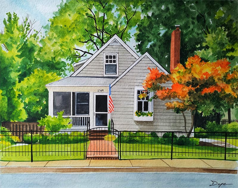 custom watercolor painting of house with American flag