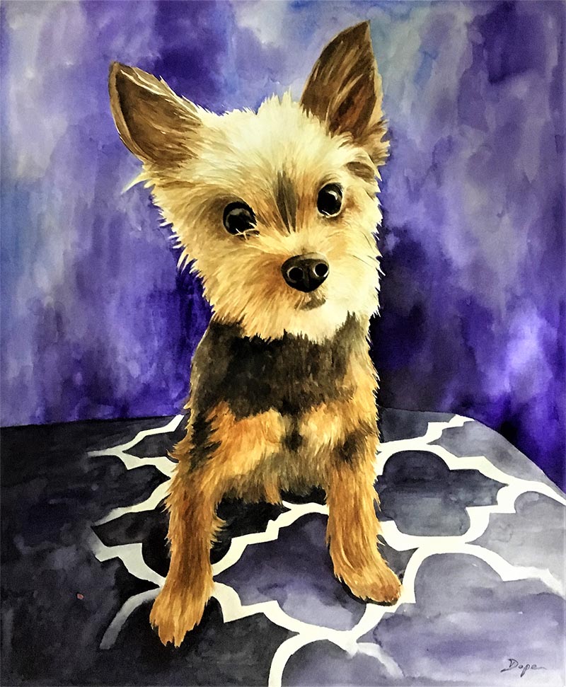 custom watercolor painting of small brown and blacck dog