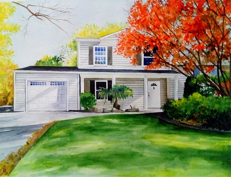 custom watercolor painting of house with Autumn trees