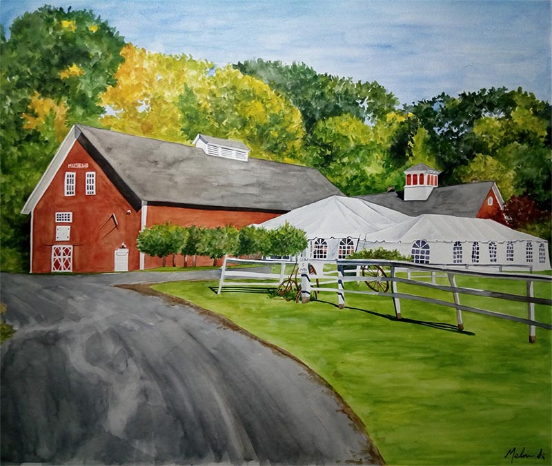 custom watercolor painting of horse farm