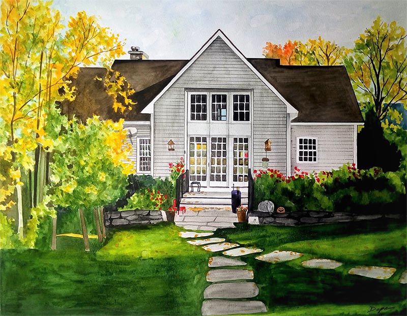 custom watercolor painting of a house with Autumn trees