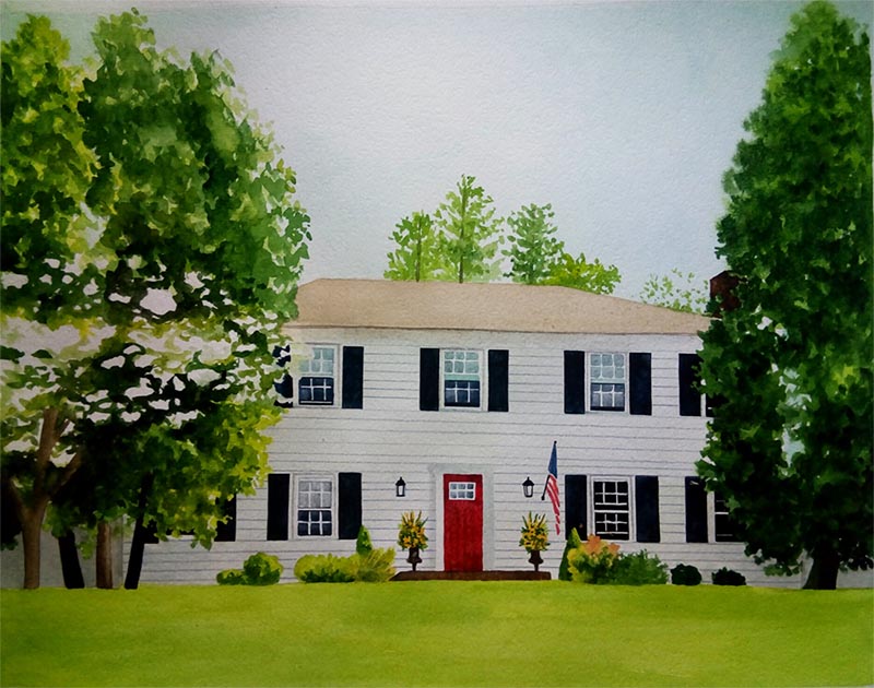 custom watercolor painting of a white house with flag