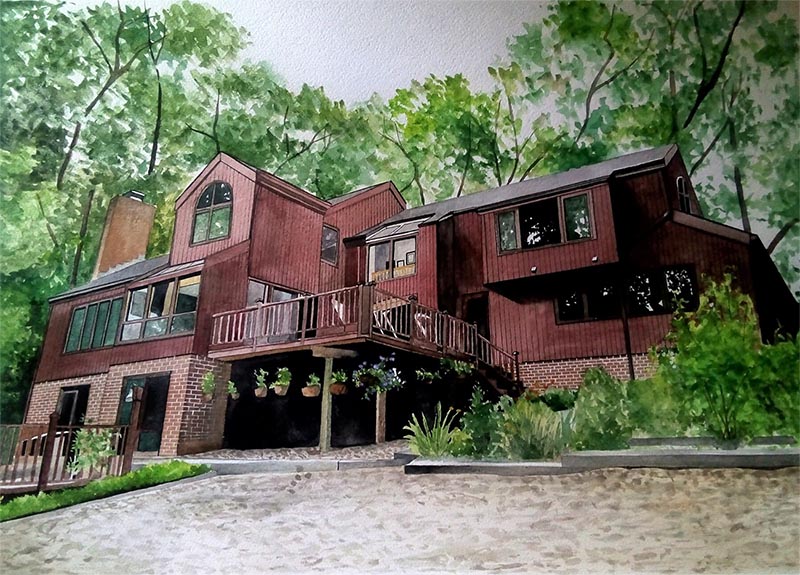 custom watercolor painting  of burgundy house around trees