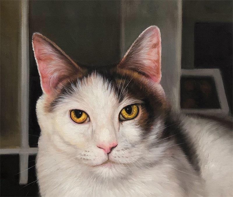 oil painting of a white and brown cat with yellow eyes 