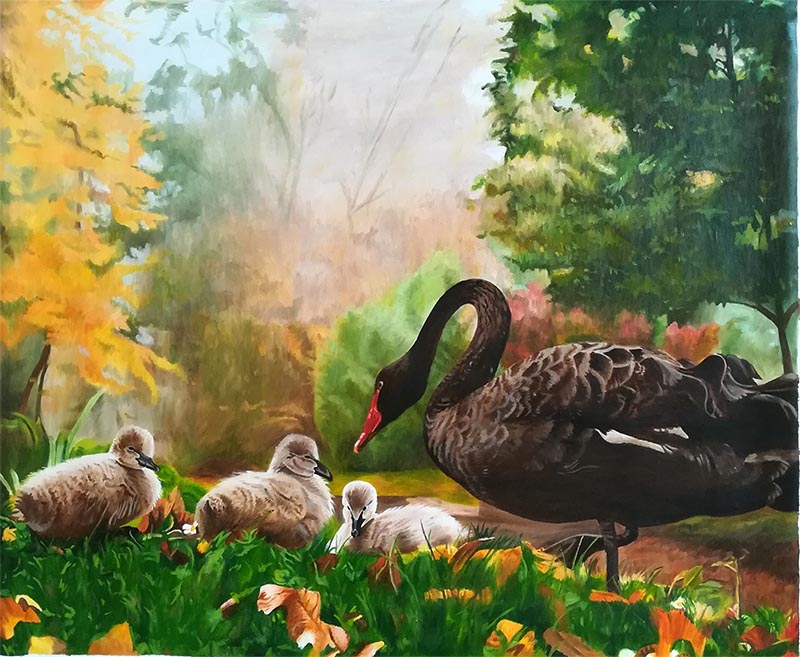 Black swan and cygnets in autumnal setting