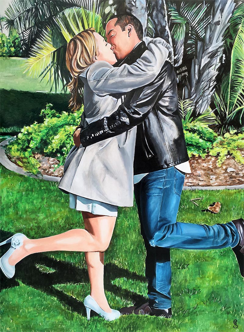 photo to oil painting on canvas of couple kissing by trees