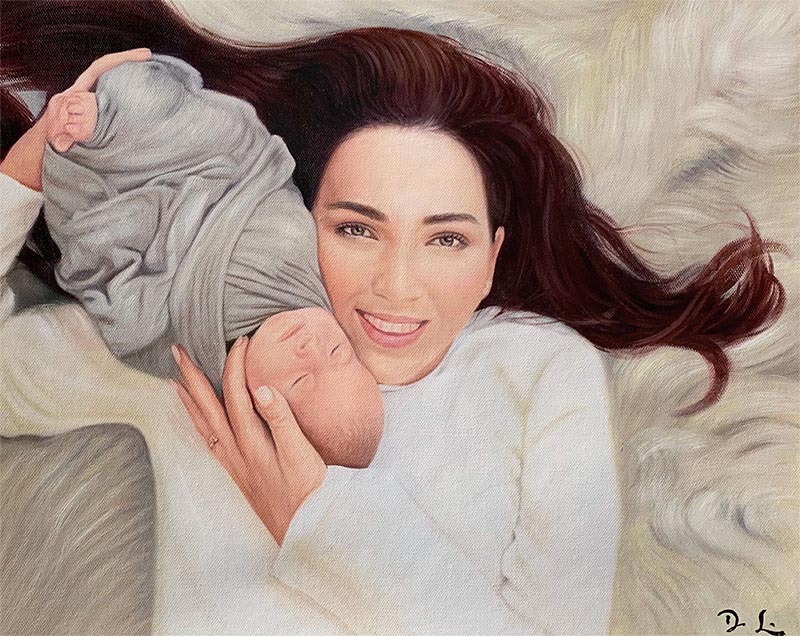 custom acrylic painting of mother with new born baby
