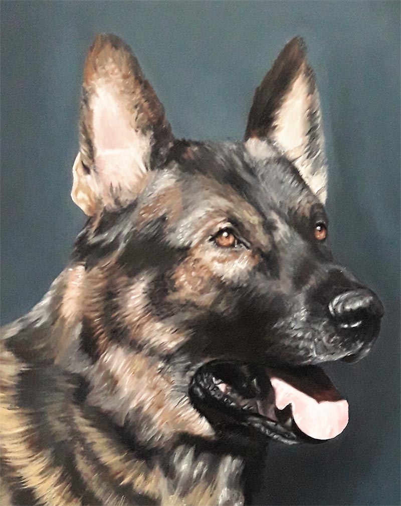 a handmade oil painting of a brown german shepherd