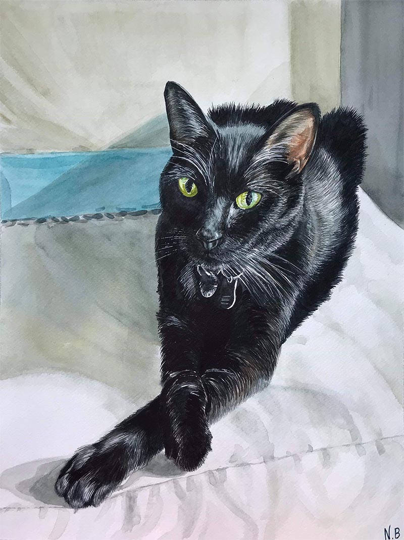 custom watercolor painting of a black cat with green eyes