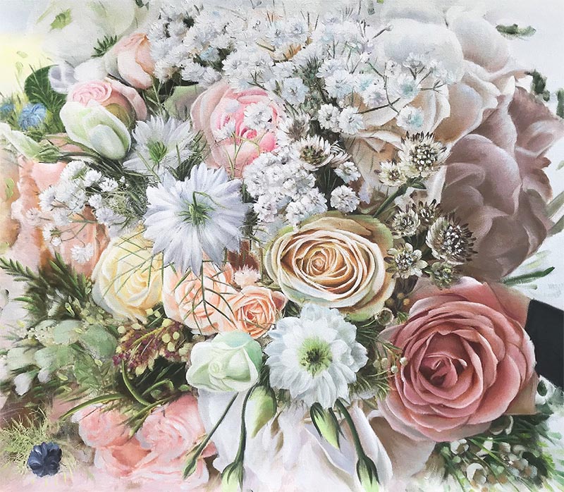 custom acrylic painting of bride's best accessory, flowers