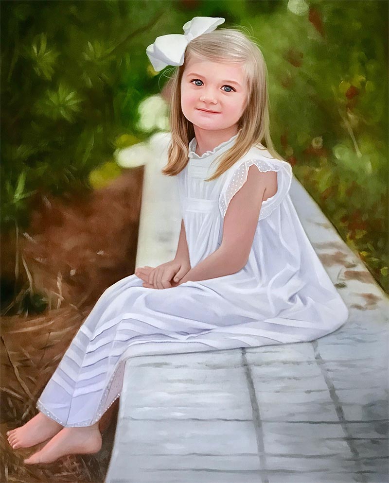 a custom oil painting of a little blonde girl in white