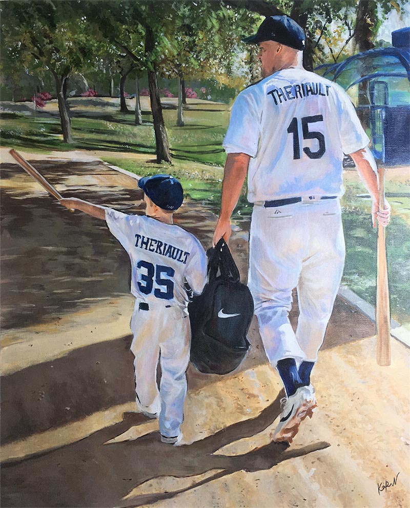 an acrylic custom painting of father and son playing baseball
