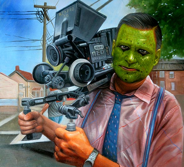 custom oil painting of camera man with mask
