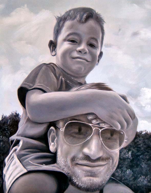 acrylic black and white painting of father and son