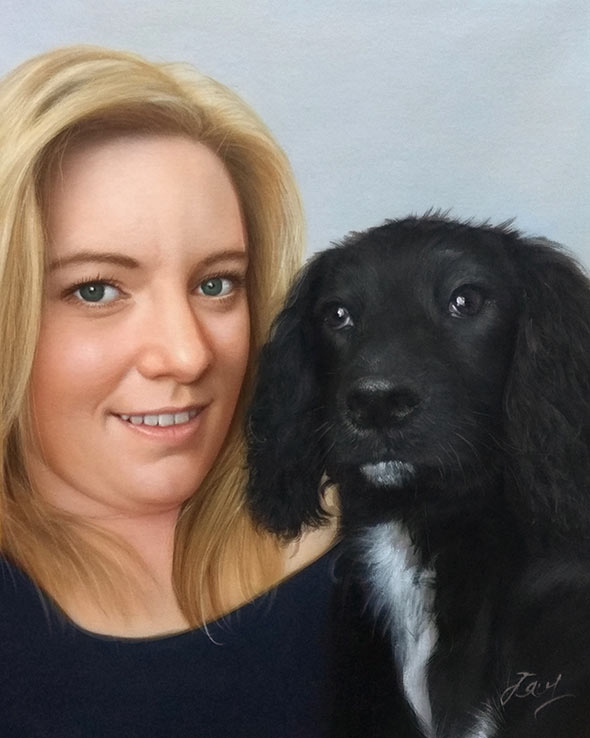Custom oil painting of a blonde woman and black dog