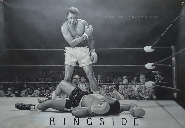 black and white oil painting of boxer champion Muhammad Ali