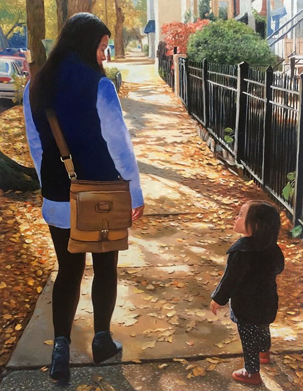 a custom oil paintng of mother and child walking