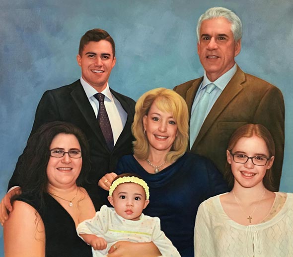 a custom oil paintng of family in formal attire