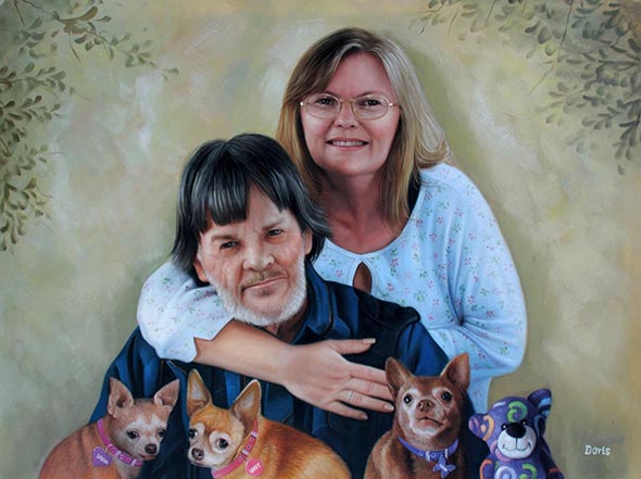 Handmade oil painting of owners with their three dogs