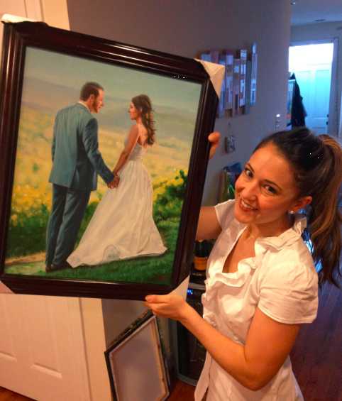 oil painting of wedding couple holding hands