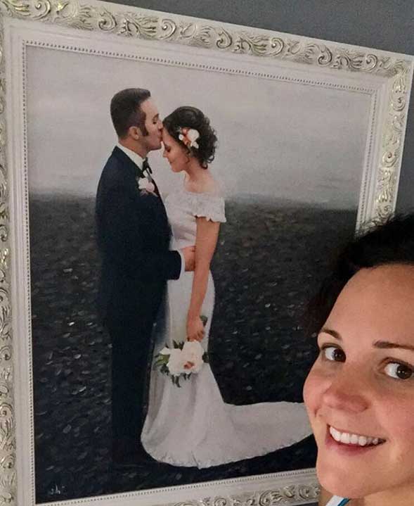 an oil painting of the groom kissing the bride on the head