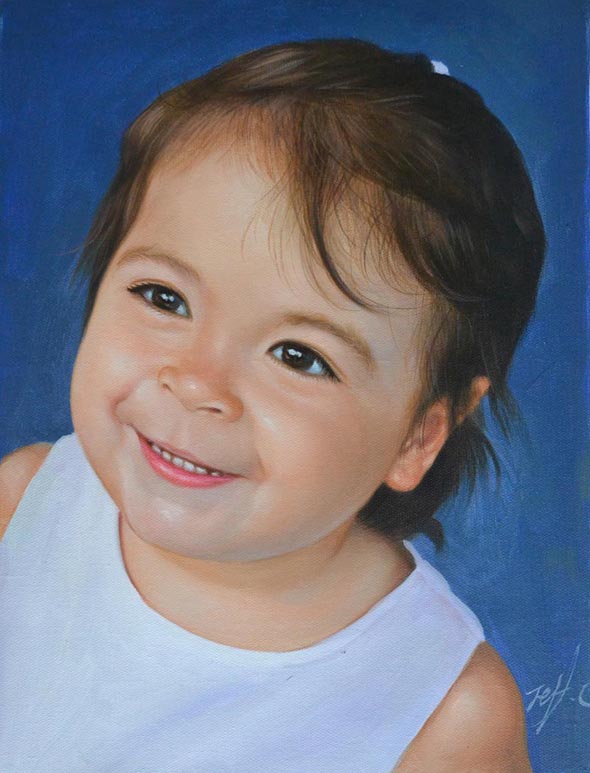 a custom oil painting of a little toddler blue background